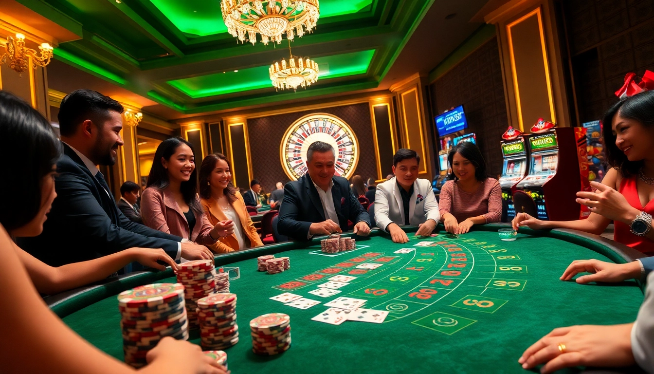 A group of players enjoying blackjack at KIM88's luxurious casino table, surrounded by poker chips and vibrant lighting.