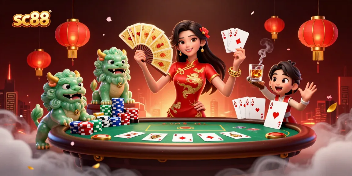 Experience sc88 gaming excitement with a lively scene of poker and cultural elements.