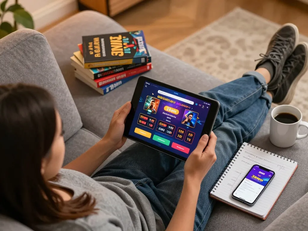Experience 33win's engaging online gaming with a cozy home setup, featuring tablet gameplay.