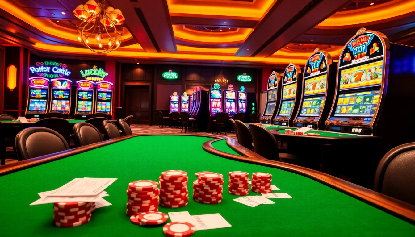Experience the excitement of LUCKY88 with vibrant casino elements, including tables and slot machines.
