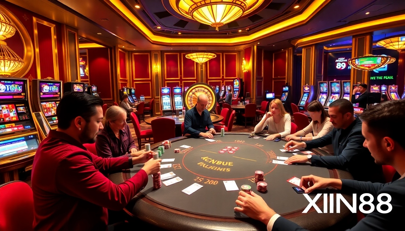 XIN88 casino players enjoying a thrilling game at an elegant poker table with vibrant slot machines.