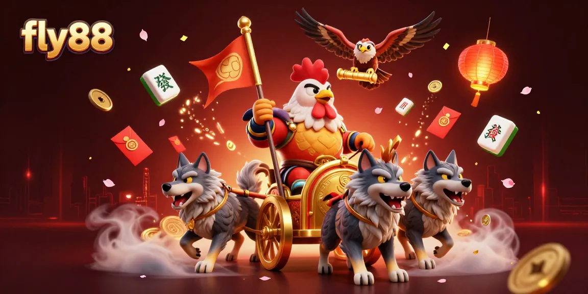 Experience the exciting cockfighting scene in fly88 with a dynamic illustration of a rooster warlord and golden elements.