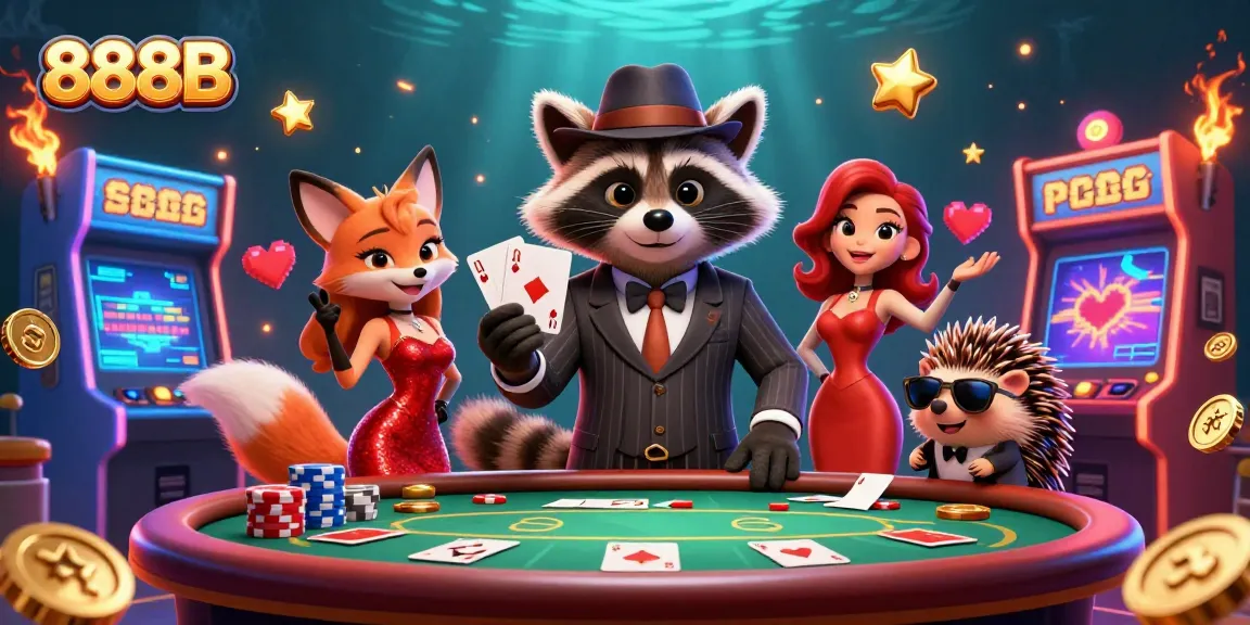 Experience the thrill of winning at 888B with a lively casino scene featuring charming characters and gaming elements.