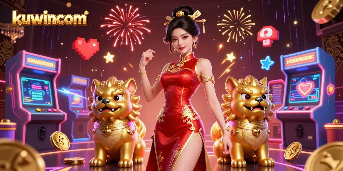 Experience the thrill of kuwincom's gaming with a vibrant scene of a glamorous character and golden guardians.