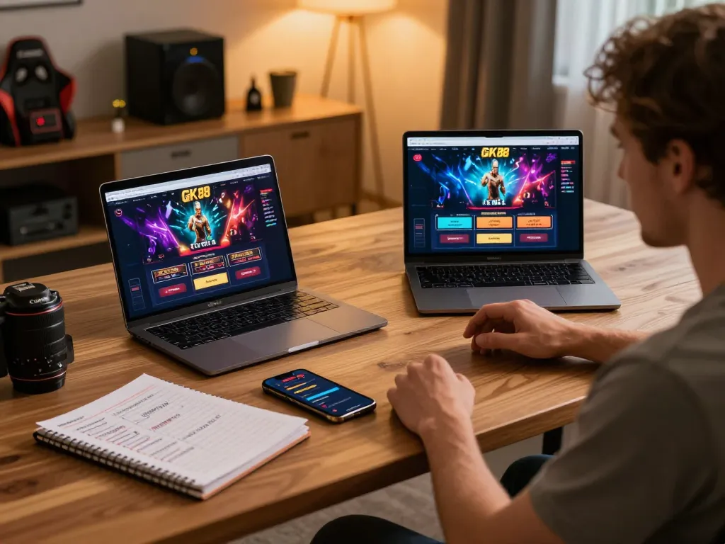 Engaging player using GK 88 online casino interface on a modern laptop, showcasing vibrant gaming experience.