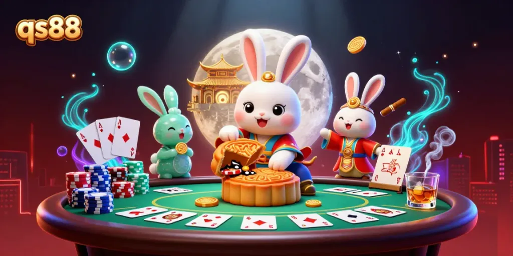 Experience qs88 with dynamic poker action featuring a moon rabbit and casino elements.