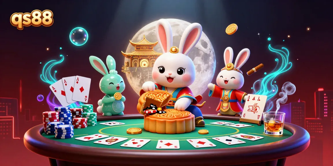 Experience qs88 with dynamic poker action featuring a moon rabbit and casino elements.