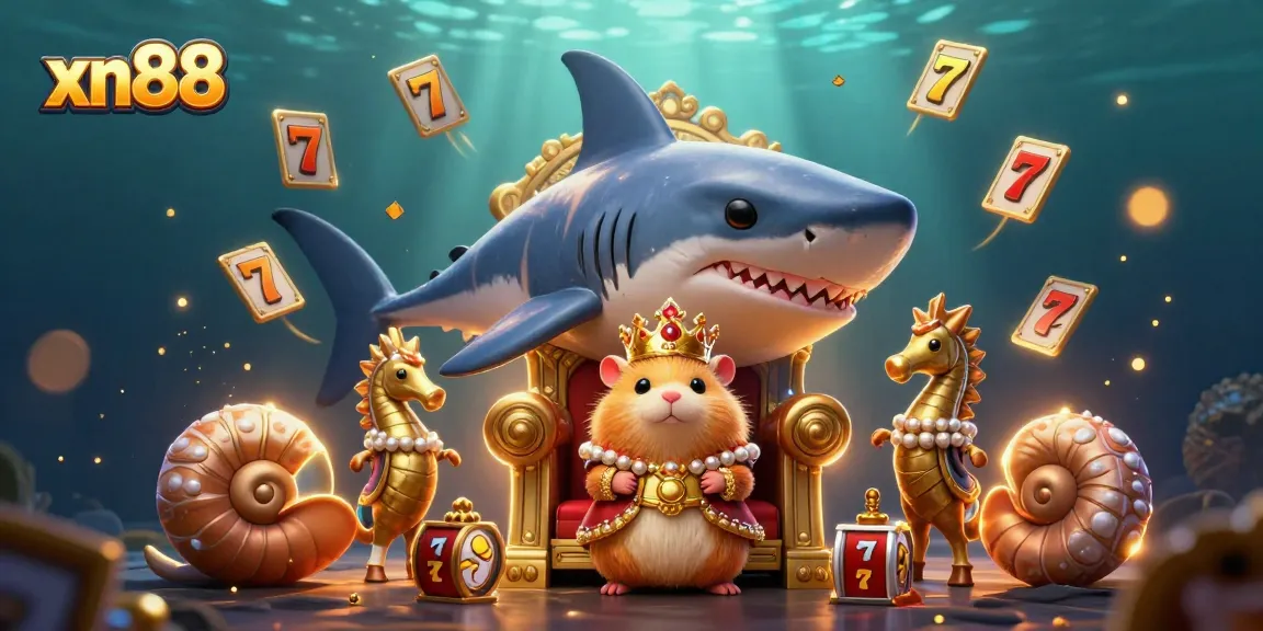 Spin the reels with xn88 in this vibrant underwater casino scene featuring a tiny hamster king and seahorse guards.