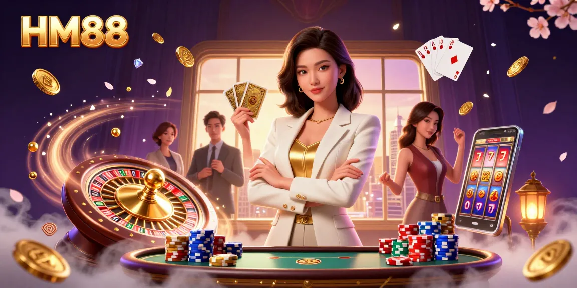 Experience winning strategies at HM88 casino, featuring a glamorous Asian woman with cards and vibrant game elements.