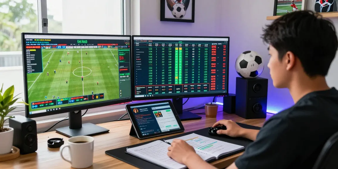 A dynamic sports betting analysis scene showing ty le keo odds on multiple screens in a modern home office with an energetic atmosphere.