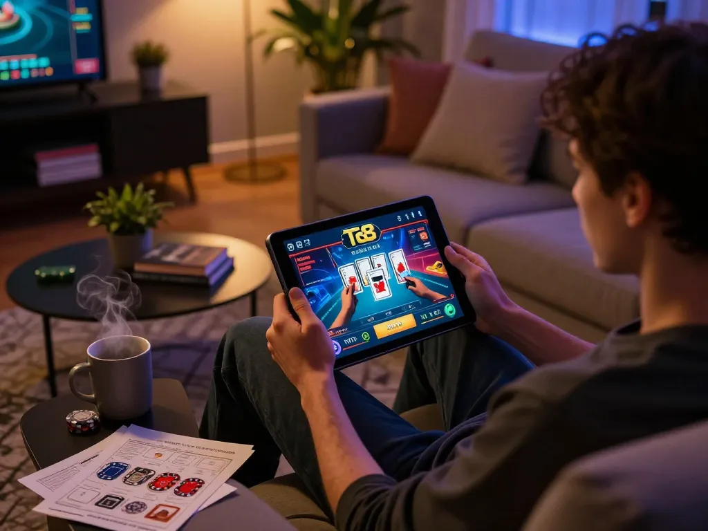 Person engaging with the TG 88 casino app on a tablet during a cozy gaming session at home.