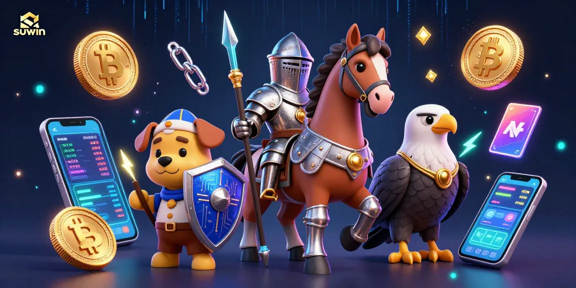 Suwin showcases a medieval knight in armor with crypto elements, highlighting online gaming themes.