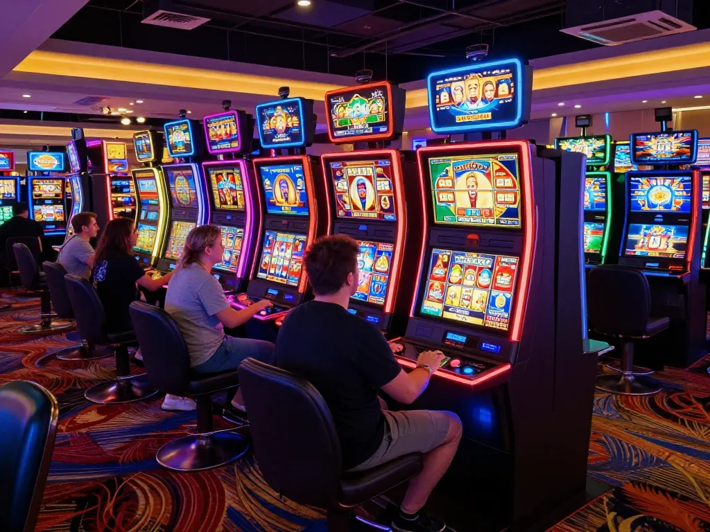 Players enjoying the hit club atmosphere at a lively slot machine area in a casino
