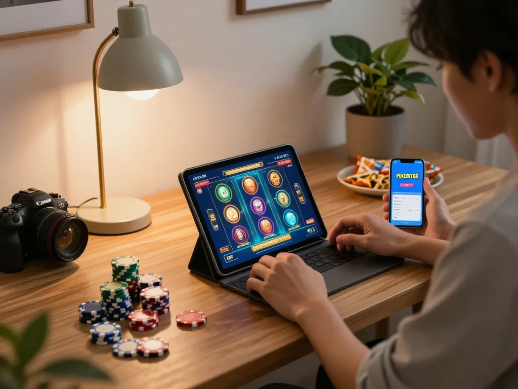 Pucuk138 player enjoying online slot gaming in a stylish home setup with tablet and snacks