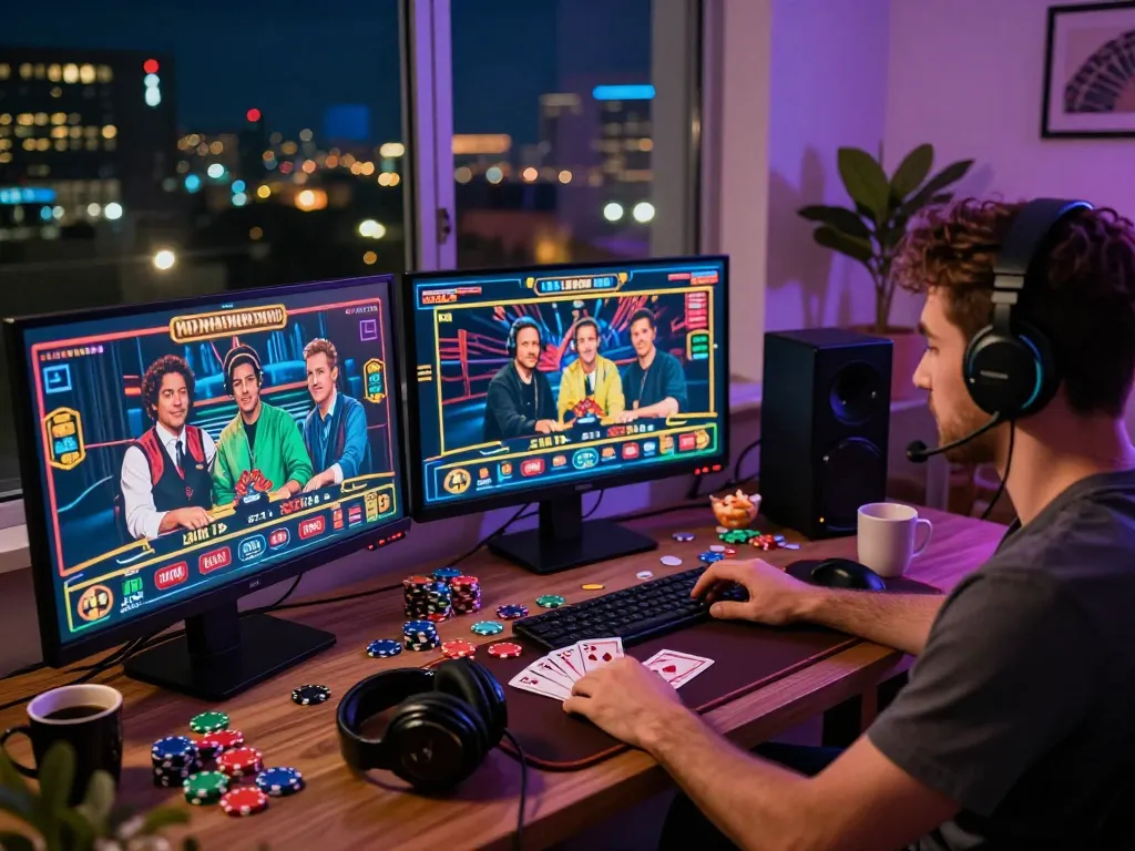 Engaged player exploring bomwin online gaming platform in a cozy, vibrant setting.