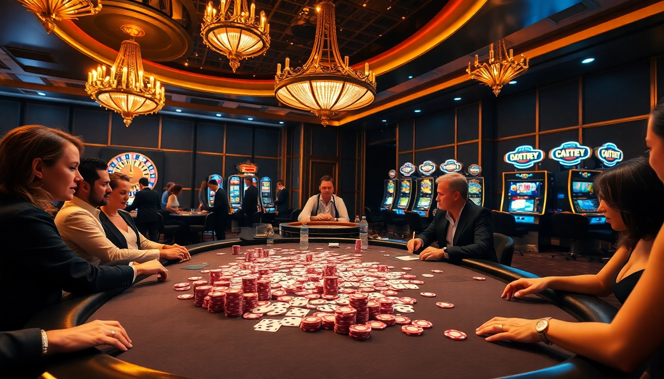 Experience the thrill of gambling at https://open88.gg/ with a vibrant poker table and excited players.