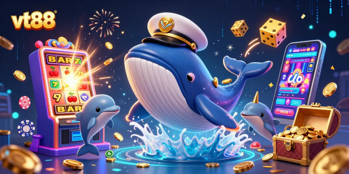 Experience thrilling winnings with vt88 as a whale and dolphins celebrate amidst vibrant casino games.