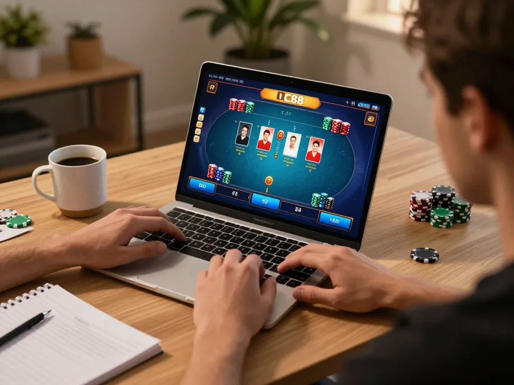 Engaged player strategizing in LC88 online poker game, showcasing gaming interface and personal touches.