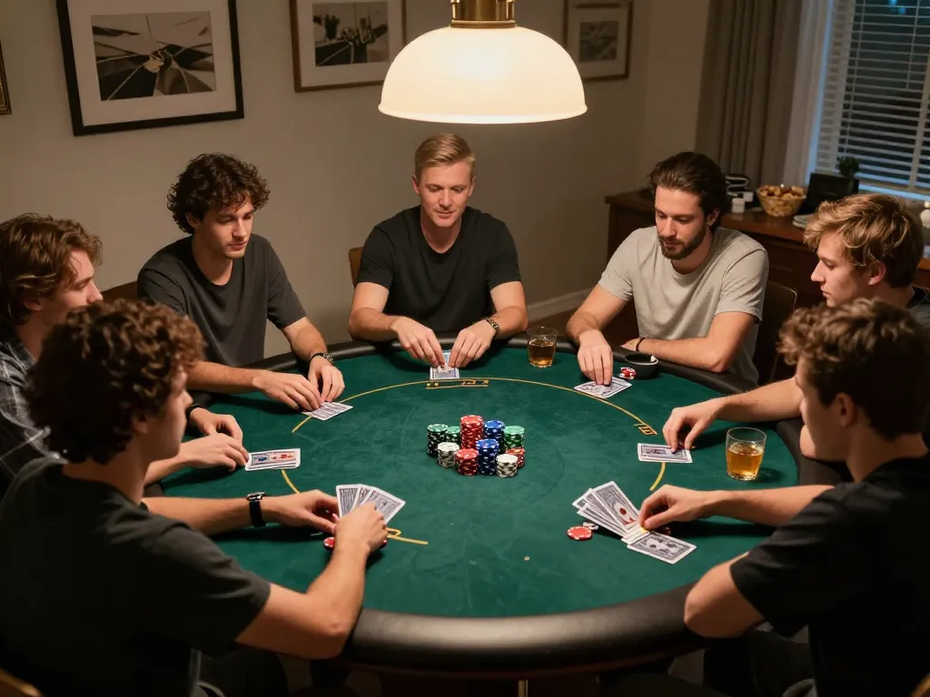 Engaging home poker night with friends around a table, featuring action at https://gnk88.com/ games.