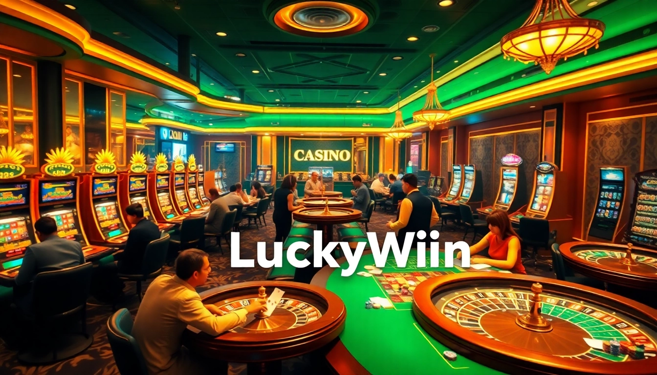 Experience thrilling gameplay at LuckyWin with vibrant casino tables and excited players.