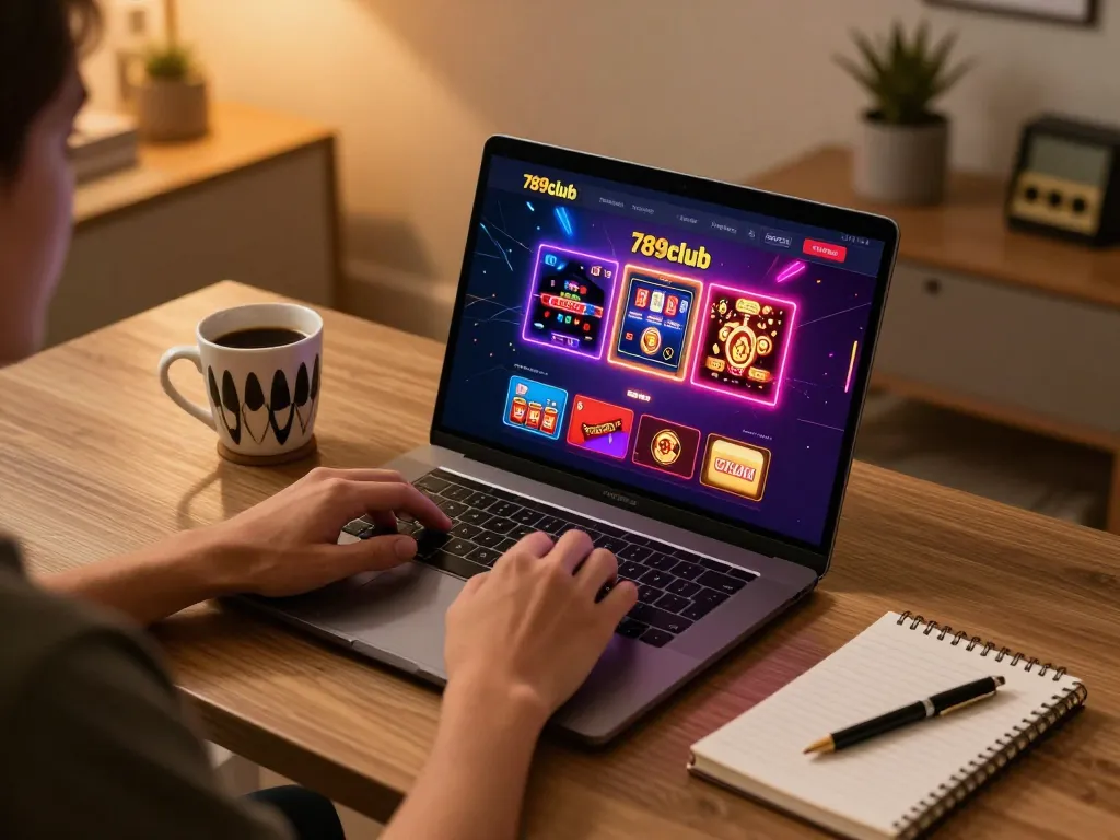 Playing on 789club's online casino platform with vibrant game visuals and cozy home setup.