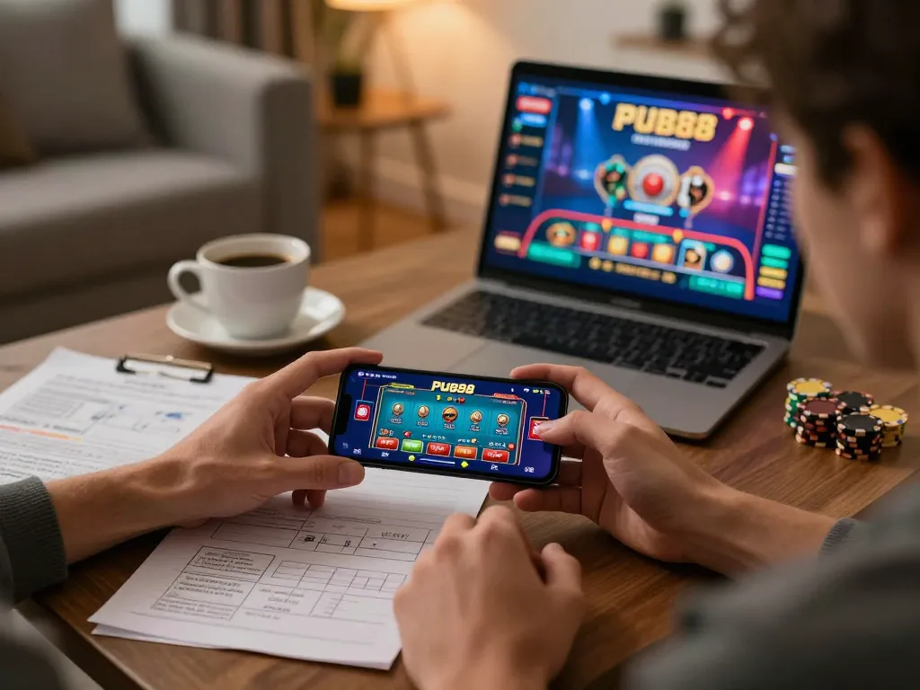 Engaging moment of a player placing a bet on the PUB88 casino app, framed in a cozy living room setting.