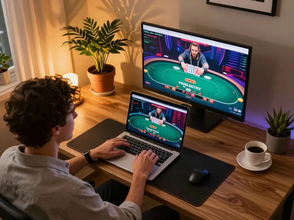 net88 user enjoying online poker in cozy home office with stylish decor and laptop screen.