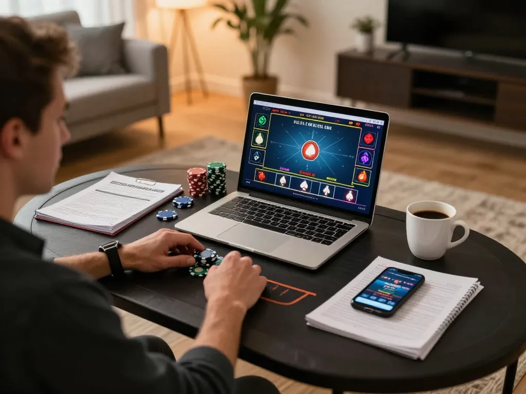Engaged gamer placing bets on debet online gaming setup with laptop and poker chips on the table.