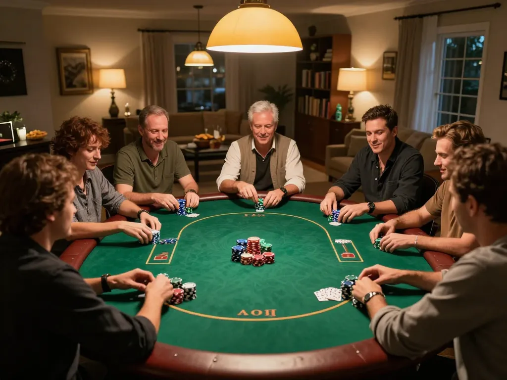 Players at a lively home poker night enjoying action-packed gameplay on 8EE E table.