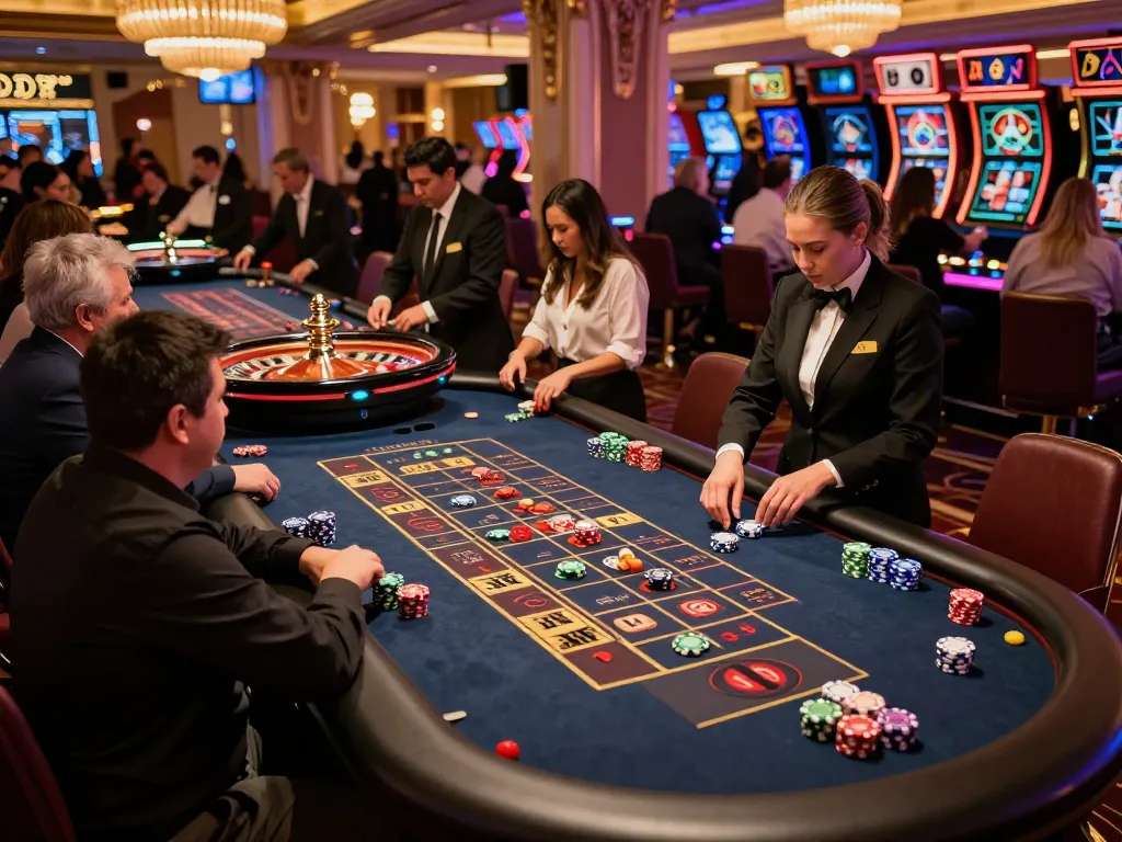 Players engaging in strategic bets at a lively roulette table in a Vegas casino, showcasing mb666 excitement and thrill.