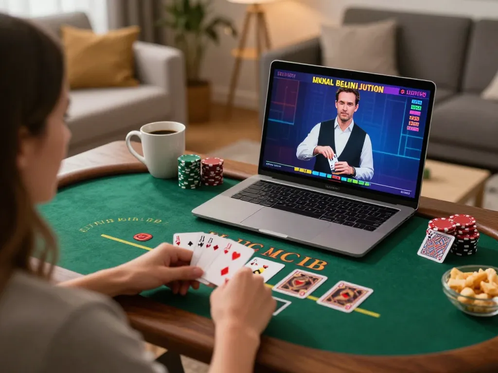 Player enjoying live dealer blackjack with MU88 on a laptop in a cozy home setting.