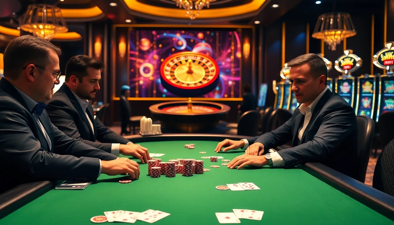 Engaged gamblers at an LC88 poker table strategizing bets amidst vibrant casino lights.