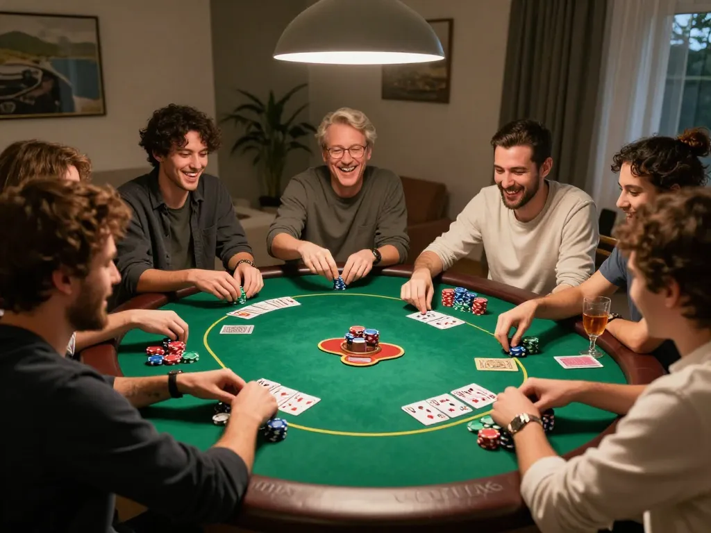 Friends playing poker at home, showcasing hay88x experience with snacks and drinks