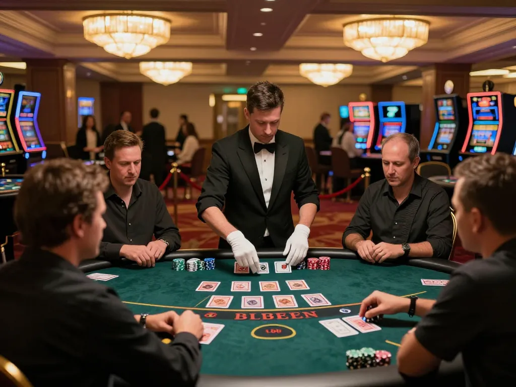 Luck8 players engaging at a live dealer blackjack table with a professional dealer in a luxurious casino setting.