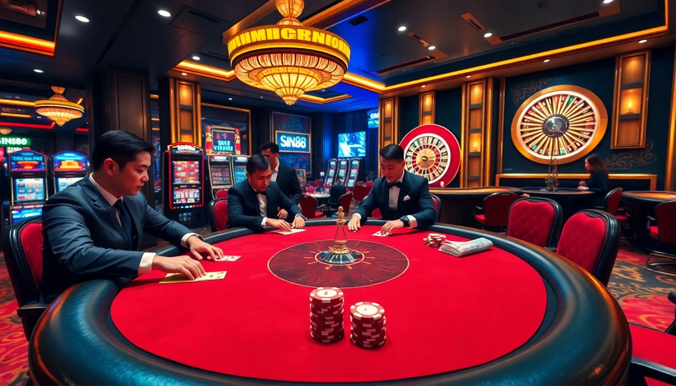 SIN88 poker table with focused players and colorful chips in a vibrant casino setting.