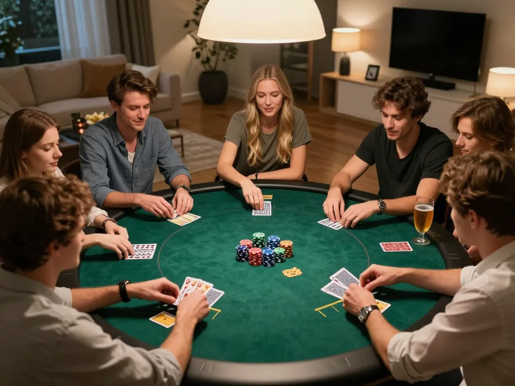 Zowin poker players strategizing during an intense home game night.