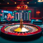Experience the thrill of 'tr88 bet' at an elegant casino with lively gaming tables and roulette.