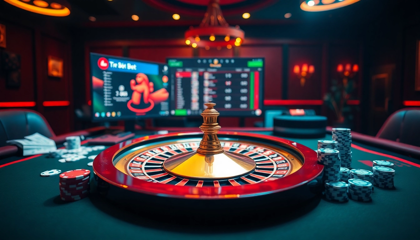 Experience the thrill of 'tr88 bet' at an elegant casino with lively gaming tables and roulette.