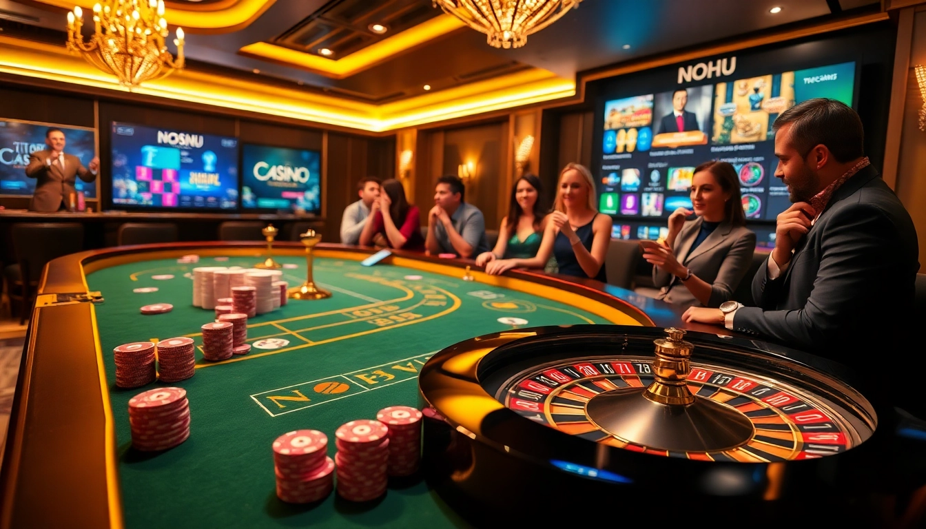 Nohu casino scene with dynamic gaming action, showcasing excitement and luxury.