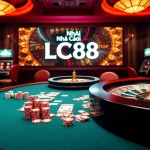 Engage in thrilling games at Nhà Cái LC88 with vibrant casino visuals, poker chips, and tables.