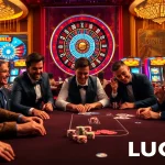 Experience the thrilling atmosphere of LUCK8 with poker tables and vibrant slot machines.