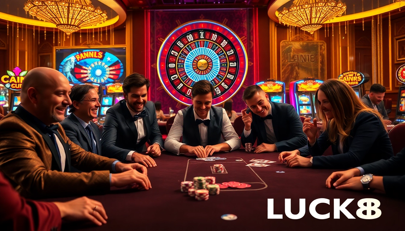 Experience the thrilling atmosphere of LUCK8 with poker tables and vibrant slot machines.