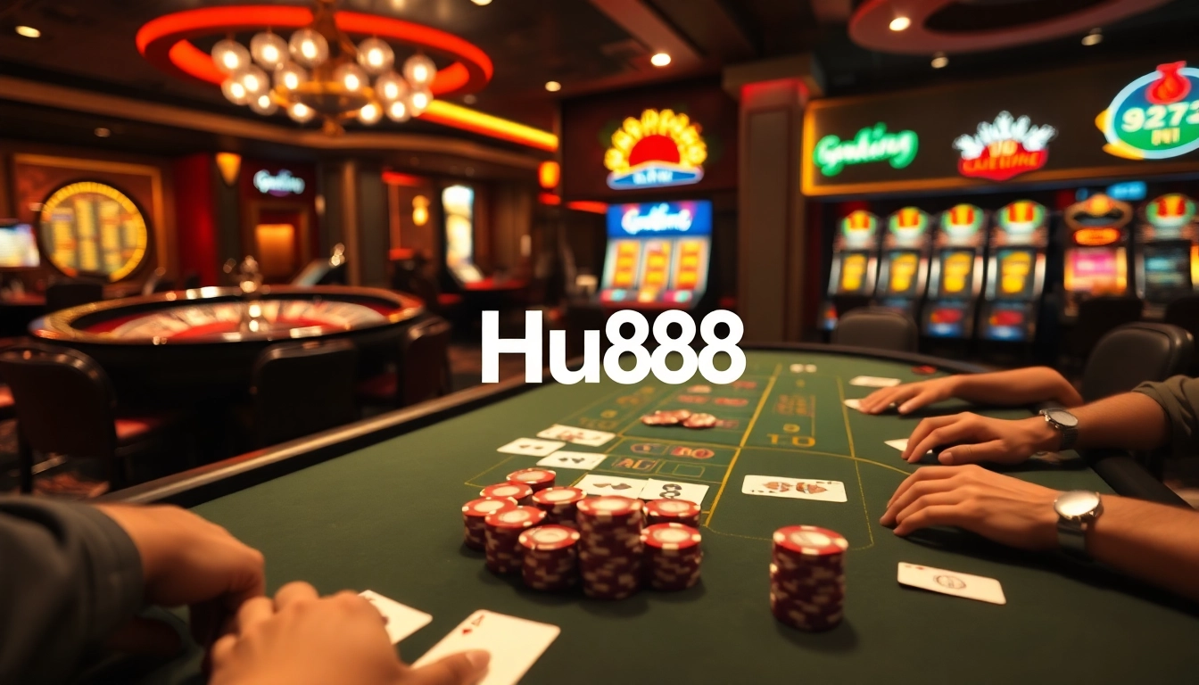 Engage in an exciting poker game at Hu88 casino, featuring vibrant colors and luxurious chips.