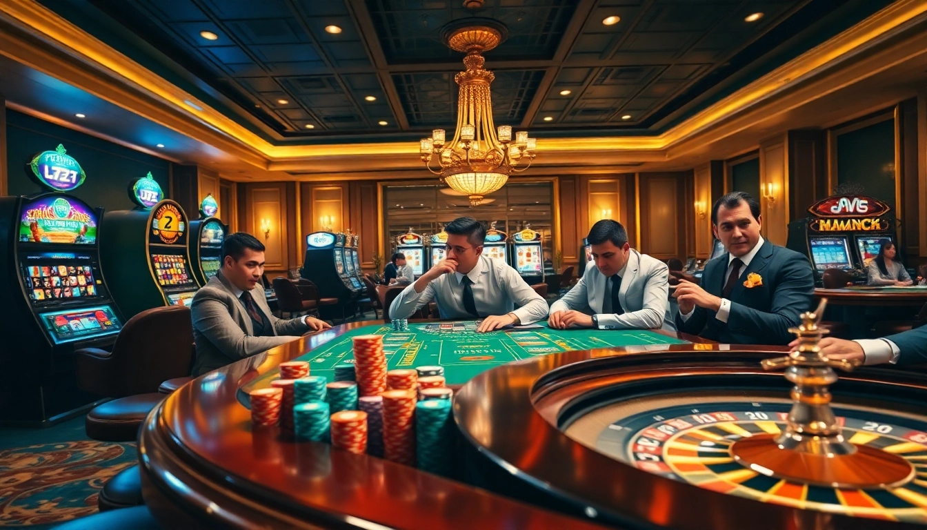 Gambling enthusiasts engaged in a thrilling game at https://az888.futbol, with vibrant casino elements.