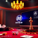 Experience the excitement of 68 Game Bài with a luxurious online gambling setup featuring casino tables and betting elements.