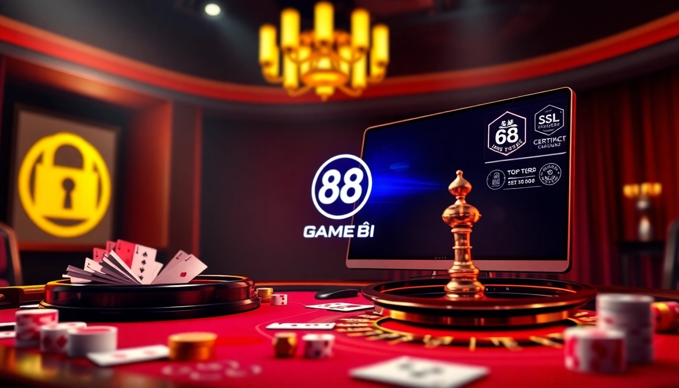 Experience the excitement of 68 Game Bài with a luxurious online gambling setup featuring casino tables and betting elements.
