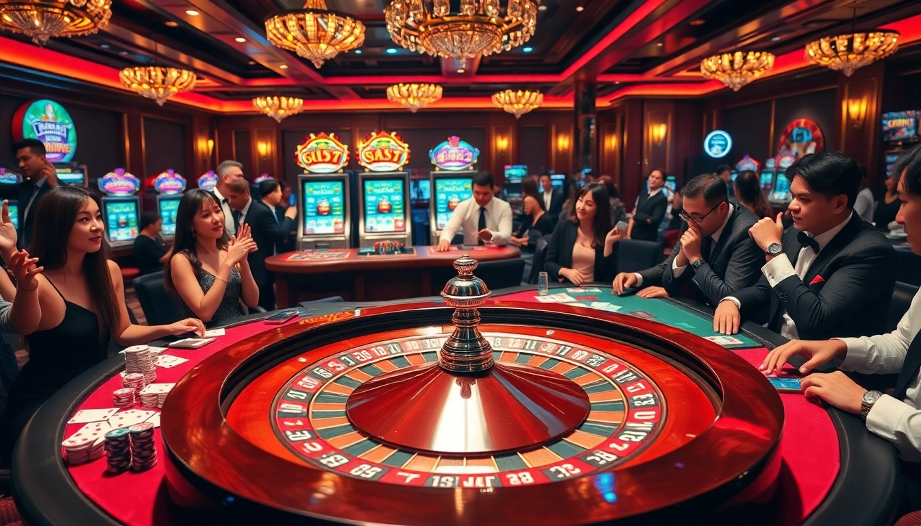 Experience high-stakes action at https://rr9977.com/ with excited gamblers at a luxurious casino table.