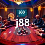 Experience high-stakes j88 poker with engaged players and vibrant casino decor.