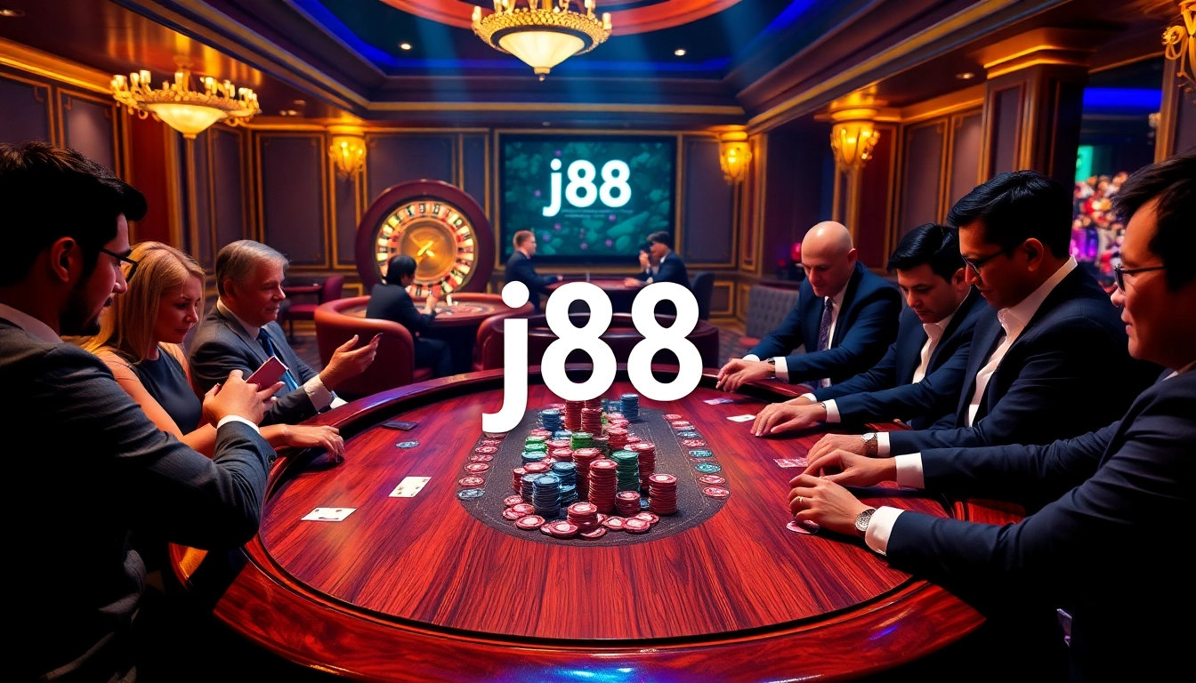 Experience high-stakes j88 poker with engaged players and vibrant casino decor.