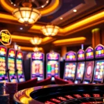 Engaging Slot Game atmosphere with colorful machines, poker chips, and roulette wheel.